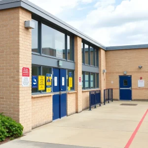 School building with security measures and safety signs.