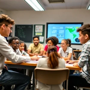 Diverse classroom with students engaged in collaborative learning.