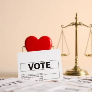 Voting ballots with symbolic heart and scales in background.