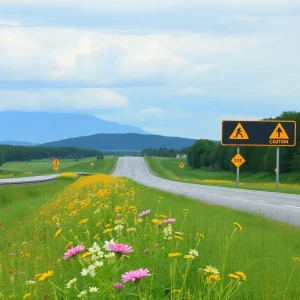 Serene highway landscape with caution signs and flowers.