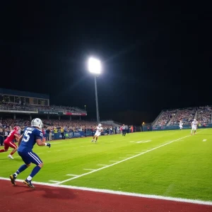 Exciting football action under stadium lights at night.