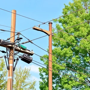 Power lines being reinforced against storm damage.