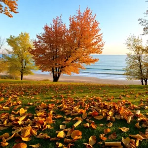 Autumn landscape with fallen leaves and serene beach view.