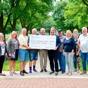 Community members celebrating a large donation in a park.