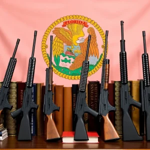 Guns displayed in legal books with Florida flag backdrop.