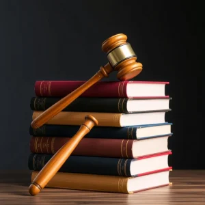 Books stacked with a gavel, symbolizing legal debate.