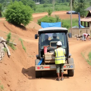 Rural infrastructure development with construction equipment and workers.