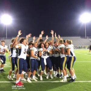 High school football team celebrating victory under stadium lights.