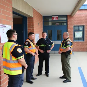 School building with security officers discussing safety measures.