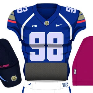 Football gear with university logos and colors combined.