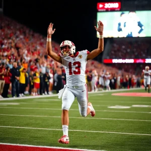 A college football player celebrating a touchdown on field.