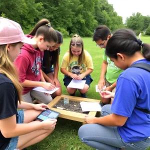 Group of students collaborating on innovative projects outdoors.