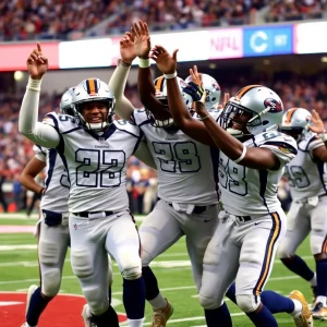 Energetic football players celebrating a touchdown in unison.