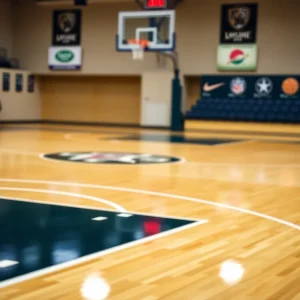 Basketball court with multiple college logos in focus.