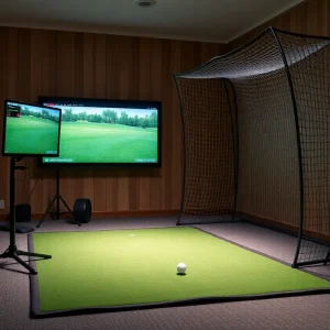 Home golf simulator setup featuring a monitor, net, and mat