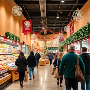 Shoppers outside grocery and retail stores decorated for the holidays in Central Florida.