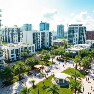 Modern residential buildings in downtown Orlando with people enjoying the community