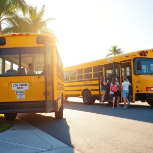 Students boarding an electric school bus in Cross City, Florida.