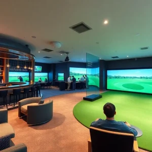 Interior of Five Iron Golf venue with golf simulators and dining area