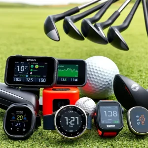 A golfer analyzing their swing using a launch monitor on the golf course.