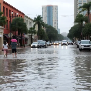 Flooded street in downtown Orlando after heavy rainfall