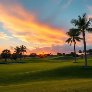 A beautiful and challenging golf course in Florida with palm trees and hills.