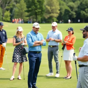 Golfers having fun during a photoshoot at a golf course, illustrating golf etiquette and traditions.