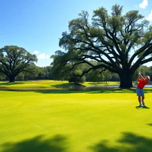 A serene golf course in Orlando surrounded by nature.