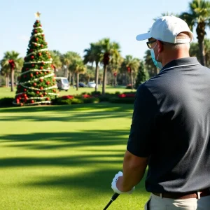 A golfer playing golf under the sun with holiday decorations in Orlando.