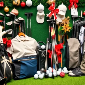 Golf store showcasing holiday sales on equipment and apparel