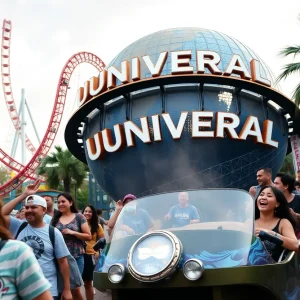 Visitors enjoying the Hollywood Rip Ride Rockit roller coaster at Universal Orlando