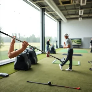 Golfer practicing with adjustable indoor golf clubs in a well-lit room