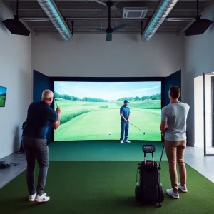 Golfers using an indoor golf simulator with Trackman technology at a local gym.