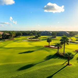 A beautiful golf resort in Orlando with green fairways and palm trees