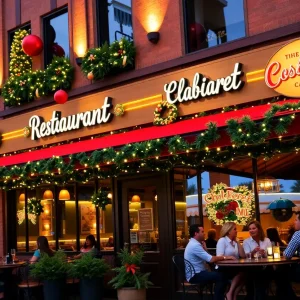 Festive exterior of Mid Drive Dive restaurant decorated for the holidays in Orlando