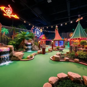 Colorful mini golf course with pirate ships and waterfalls