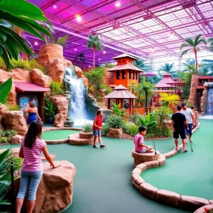 Families enjoying a colorful mini golf course in Orlando