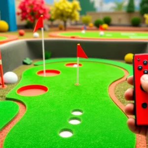 Players enjoying the Mini Golf Simulator on Nintendo Switch with Joy-Con controllers.