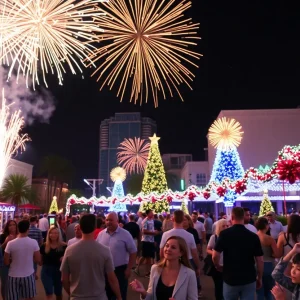 Families celebrating New Year's Eve in Orlando with fireworks in the background