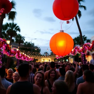 Crowd celebrating at the Orange Ball Drop in Thornton Park