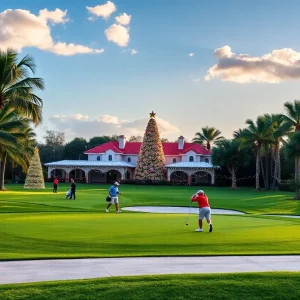 Golfers playing on a beautifully decorated course in Orlando during the holiday season.