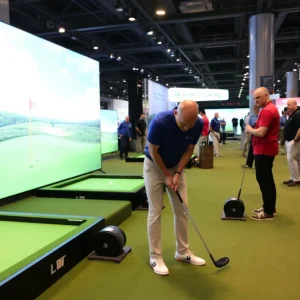 Golf coaches demonstrating cutting-edge technology at a convention