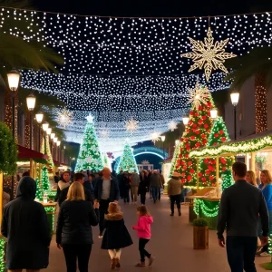 Festive scene of Orlando during the holiday season with lights and decorations