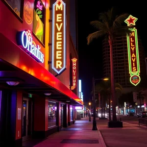 Closed nightclubs in downtown Orlando with neon lights off