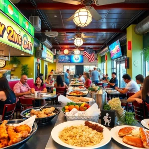 A vibrant dining atmosphere in Orlando with various restaurant styles.