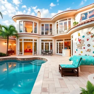 An exterior view of a luxury vacation home in Orlando featuring a private pool and palm trees.