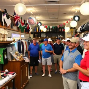 Celebration of top golf shops in Rocklin, CA with trophies and golf merchandise.