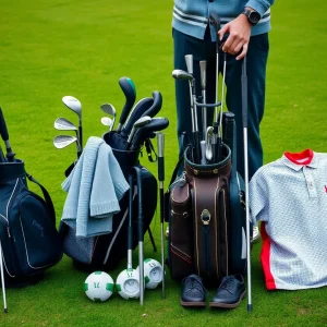 A variety of golf clubs arranged on a pristine golf course