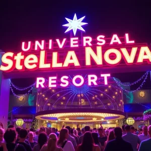 The illuminated Universal Stella Nova Resort sign at night