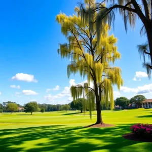 Sunlit fairway of Wedgefield Golf & Country Club with cypress trees